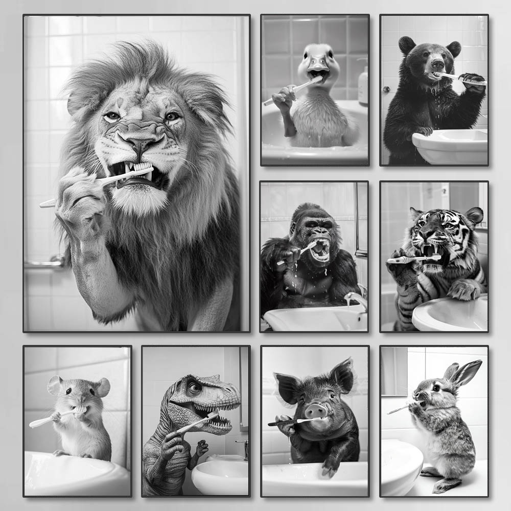Home Bathroom Wall Art - Black White Funny Bathroom Brushing Teeth