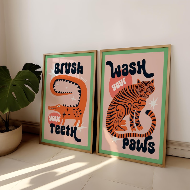 Home Bathroom Wall Art - 2pcs/set Tiger Wash Your Paws Bathroom