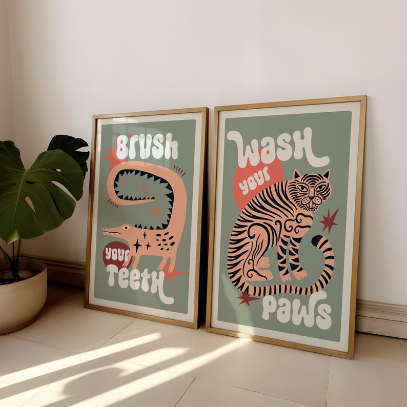 2pcs/set Tiger Wash Your Paws  - огляд і ціна Home Bathroom Wall Art