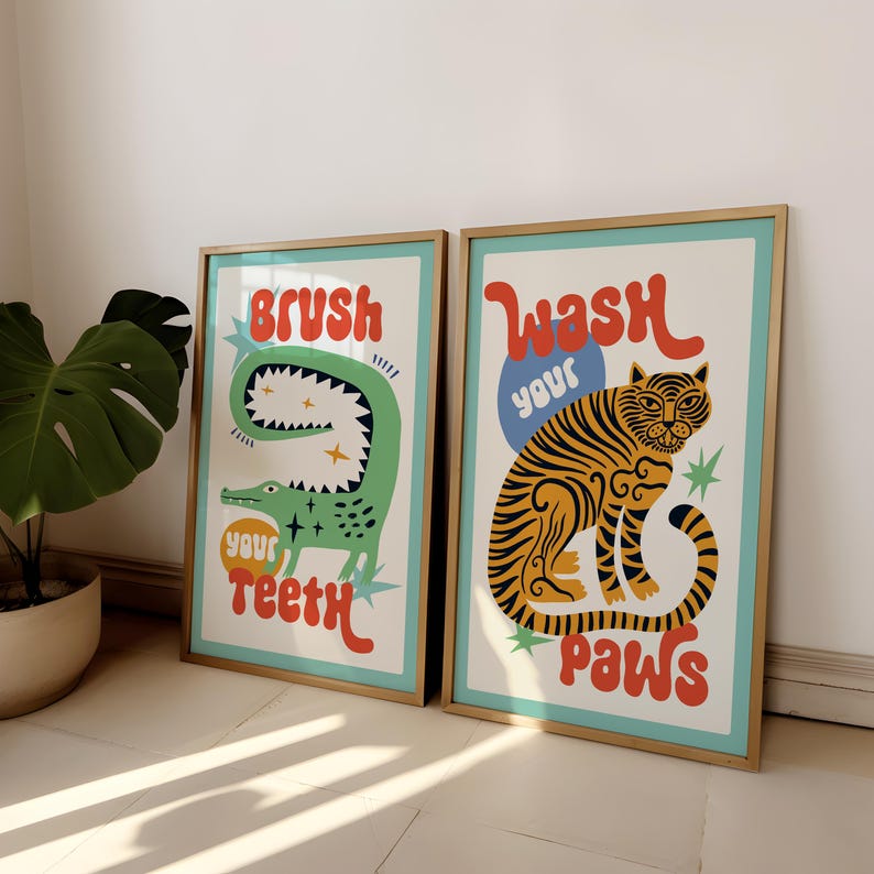 2pcs/set Tiger Wash Your Paws  - огляд і ціна Home Bathroom Wall Art