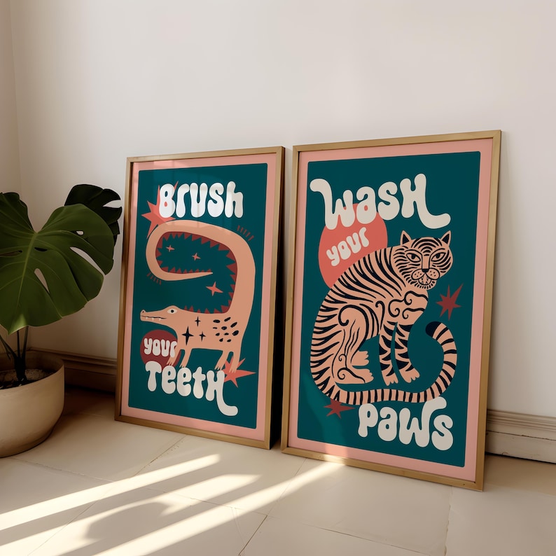 2pcs/set Tiger Wash Your Paws  - огляд і ціна Home Bathroom Wall Art